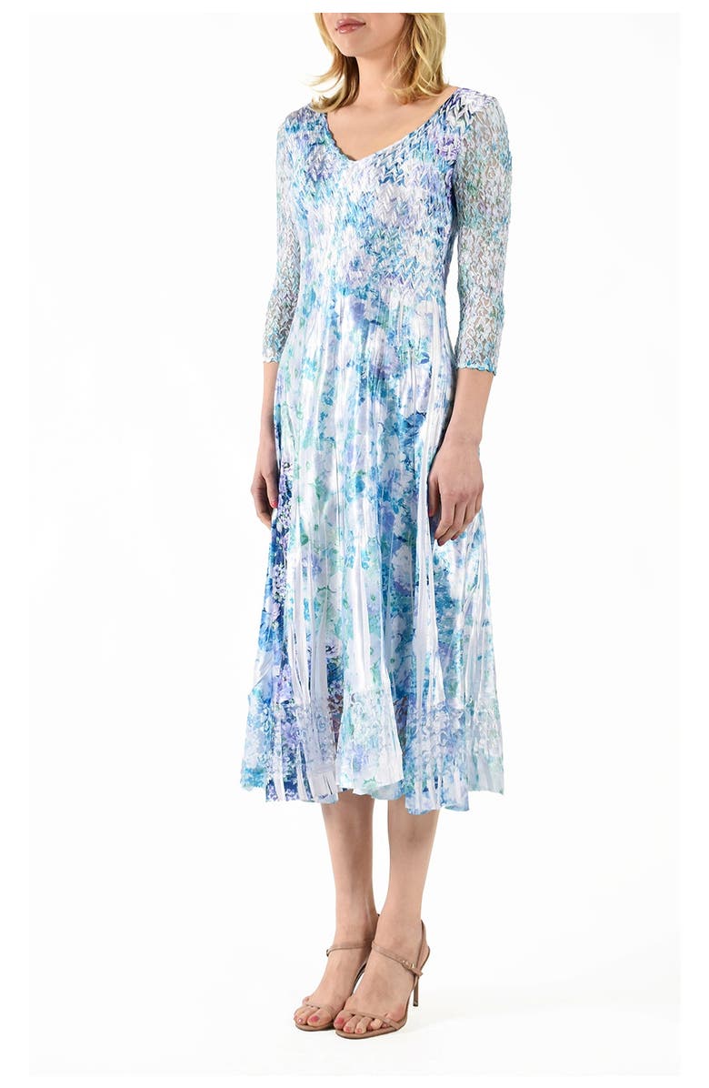 Komarov Tiny Rose Dress with Lace 3/4 Sleeve, Alternate, color, Cerulean Vine