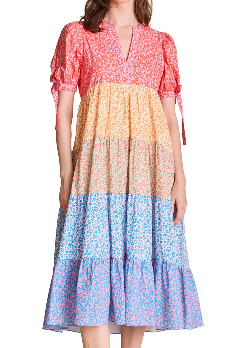 Floral Colorblock Tiered Cotton Midi Dress, Alternate, color, MULTI