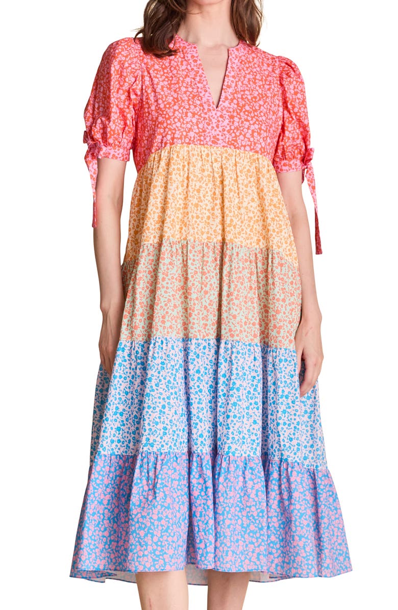 English Factory Floral Colorblock Tiered Cotton Midi Dress, Alternate, color, Multi