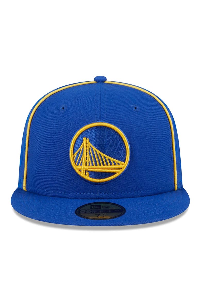 Men's New Era Royal Golden State Warriors Piped & Flocked 59Fifty Fitted Hat, Alternate, color, Royal