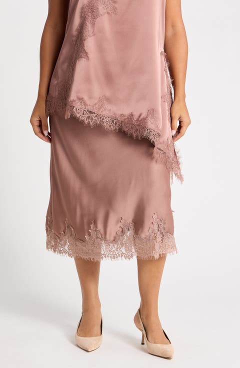 Lace Hem Satin Midi Skirt