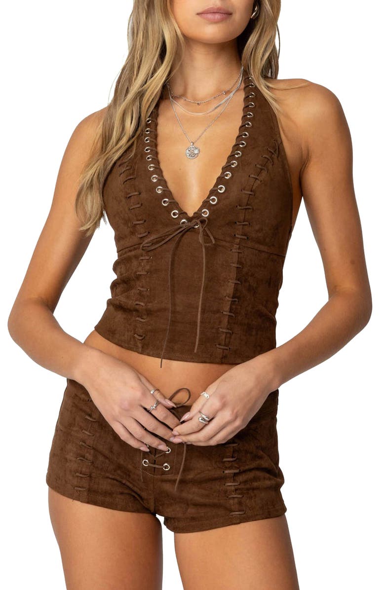 EDIKTED Sloane Faux Suede Halter Top, Main, color, Brown