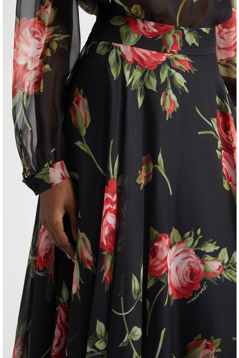 Rose Bouquet Silk Chiffon A-Line Midi Skirt, Alternate, color, BOUQUET ROSE F.NERO