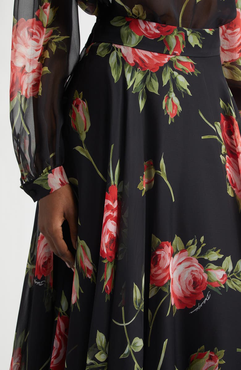 Dolce&Gabbana Rose Bouquet Silk Chiffon A-Line Midi Skirt, Alternate, color, Bouquet Rose F.nero