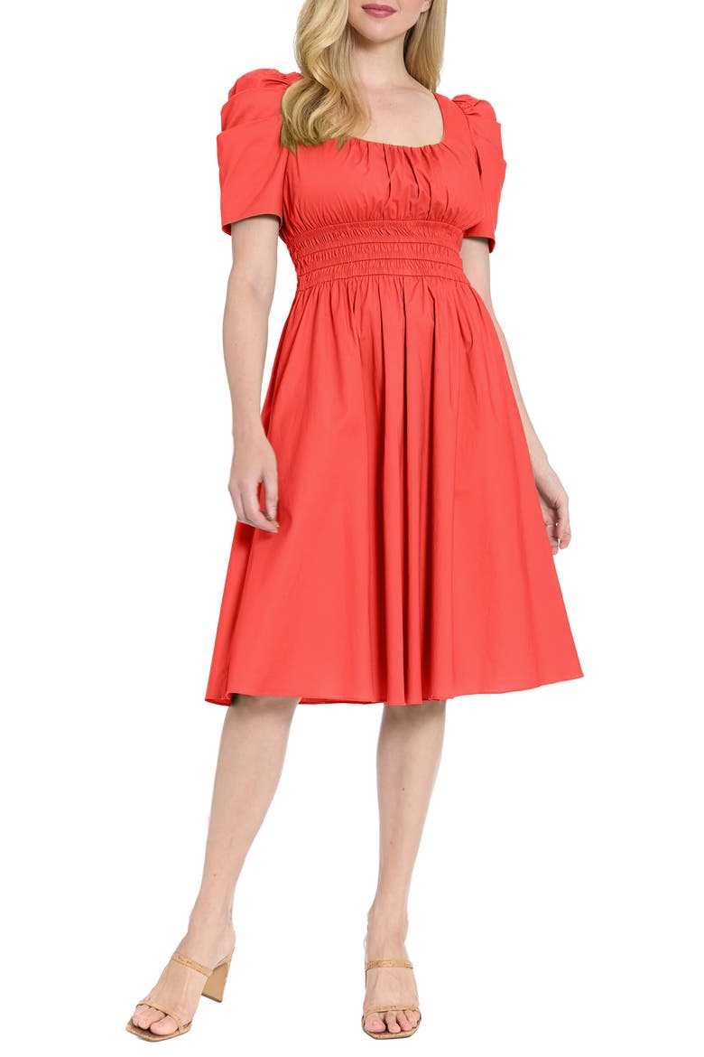 Puff Sleeve Smocked Waist Dress, Main, color, CAYENNE