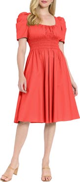 London Times Puff Sleeve Smocked Waist Dress