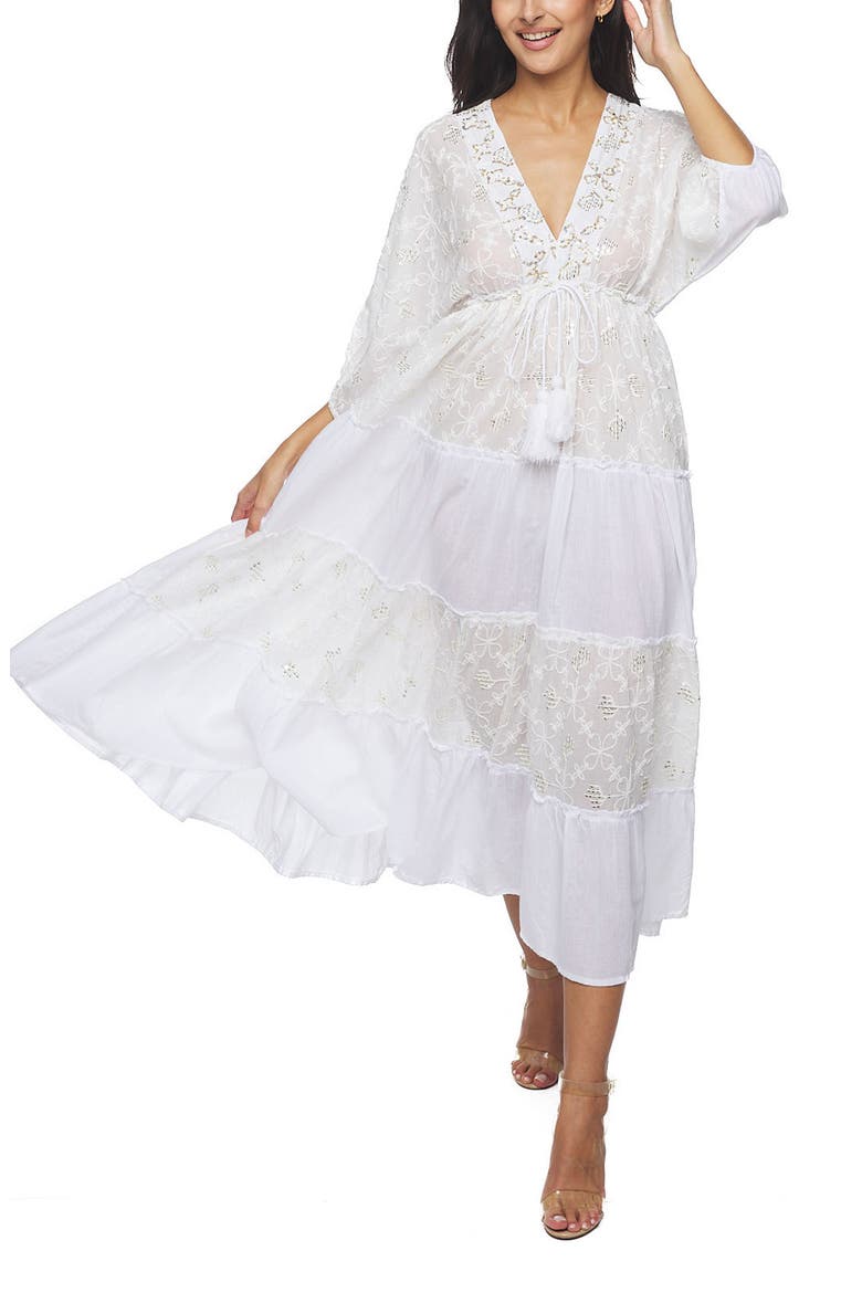 Lace Long Sleeve Cotton Cover-Up Dress, Main, color, WHITE