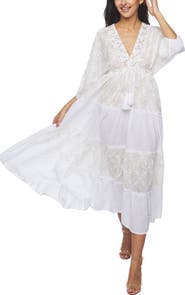 RANEES Lace Long Sleeve Cotton Cover-Up Dress