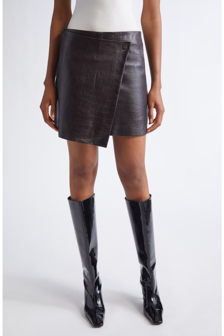 Raya Croc Embossed Leather Wrap Miniskirt, Main, color, ESPRESSO