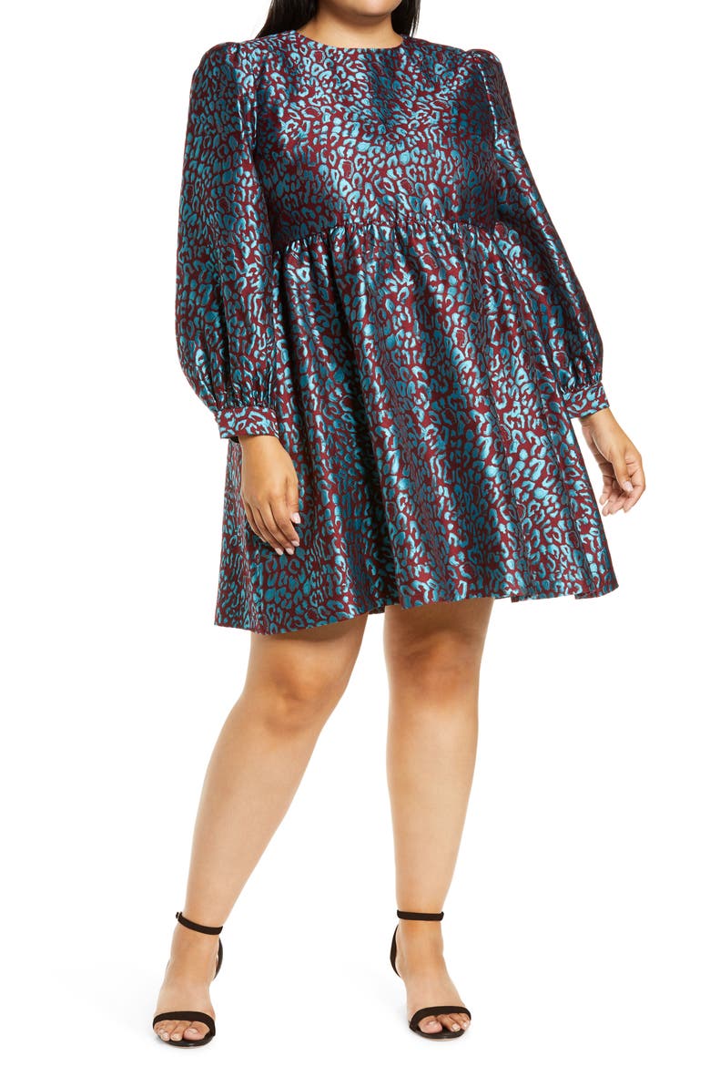 x Atlantic-Pacific Leopard Jacquard Long Sleeve Dress, Main, color, TEAL- MAROON LEOPARD