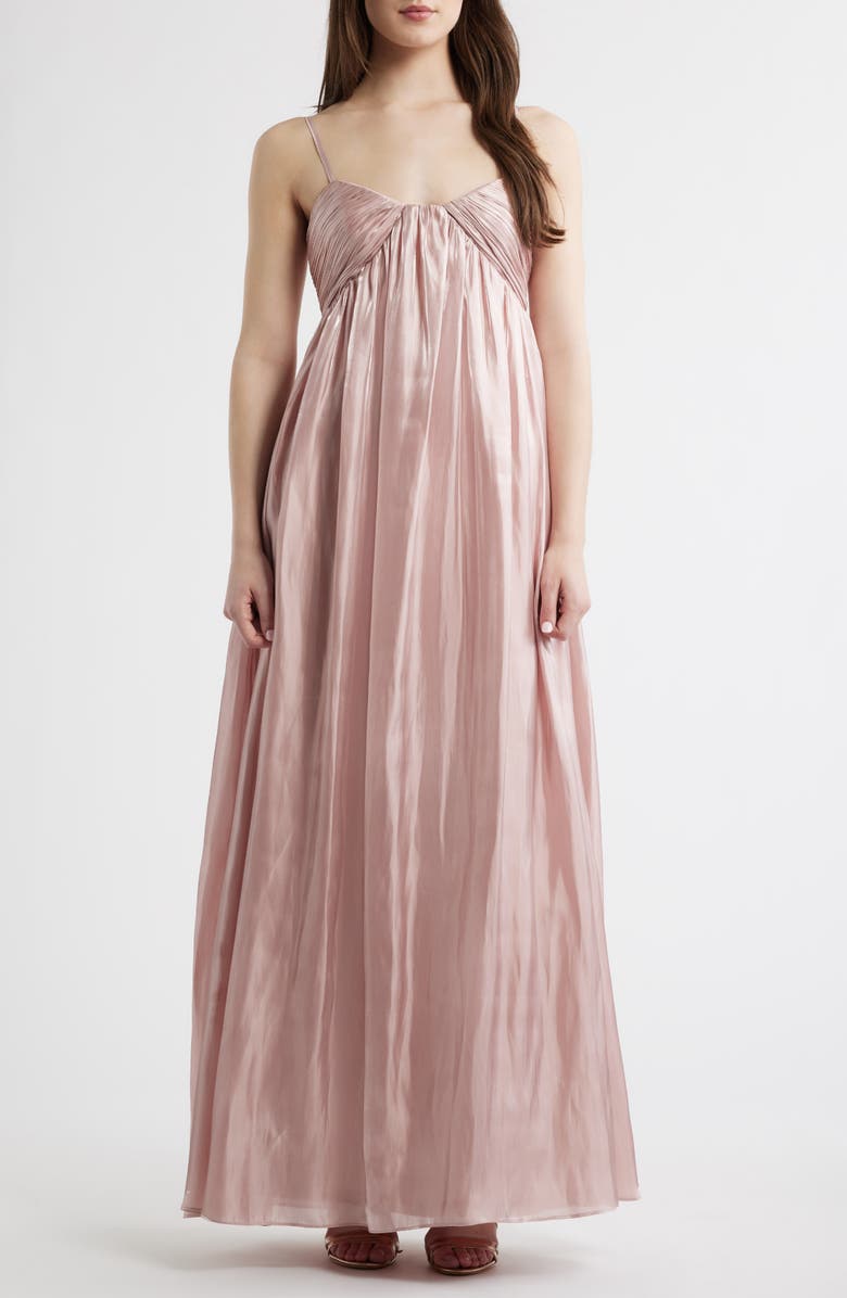 Lulus Matty Ruched Metallic Sleeveless Gown, Main, color, Blush