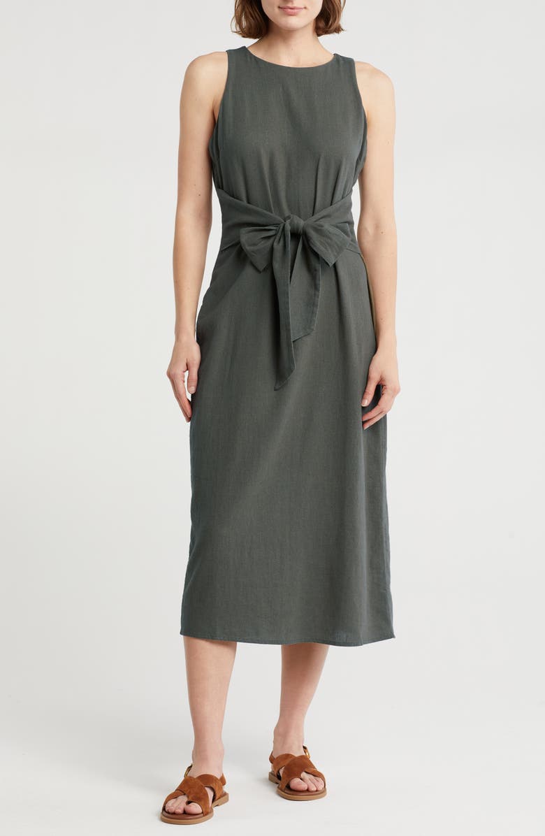 NORDSTROM RACK Sleeveless Tie Waist Linen Blend Midi Dress, Main, color, Olive Sarma