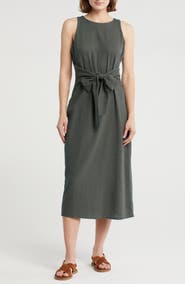 NORDSTROM RACK Sleeveless Tie Waist Linen Blend Midi Dress
