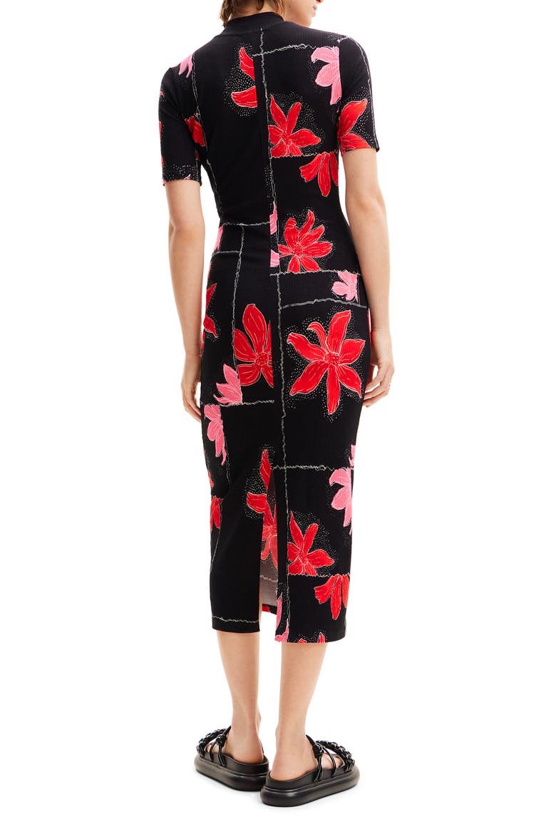 Floral Ribbed Midi Dress, Alternate, color, RED