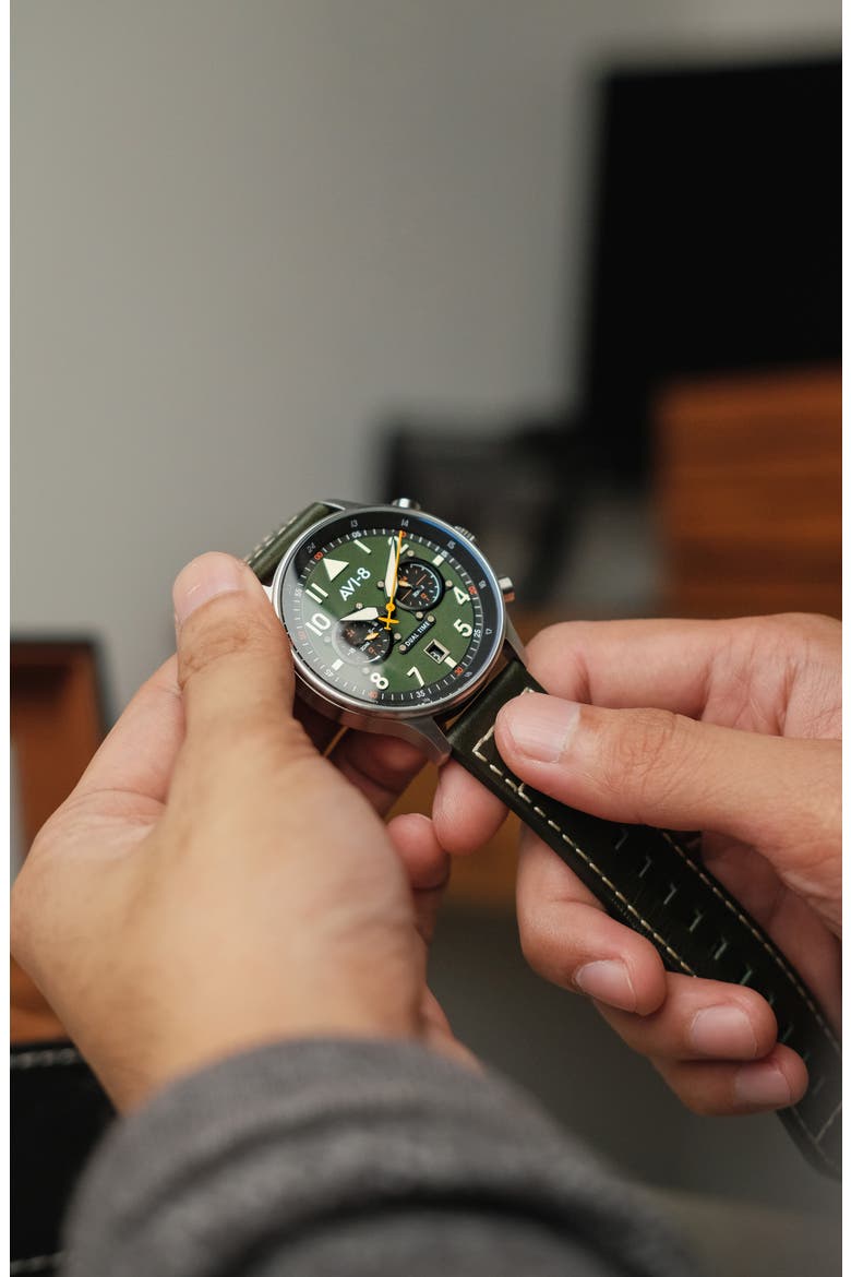 Hawker Hurricane Carey Chronograph Leather Strap Watch, 44mm, Alternate, color, GREEN