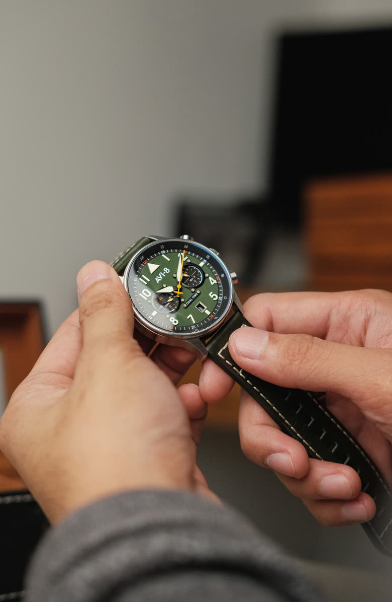 AVI-8 Hawker Hurricane Carey Chronograph Leather Strap Watch, 44mm, Alternate, color, Green