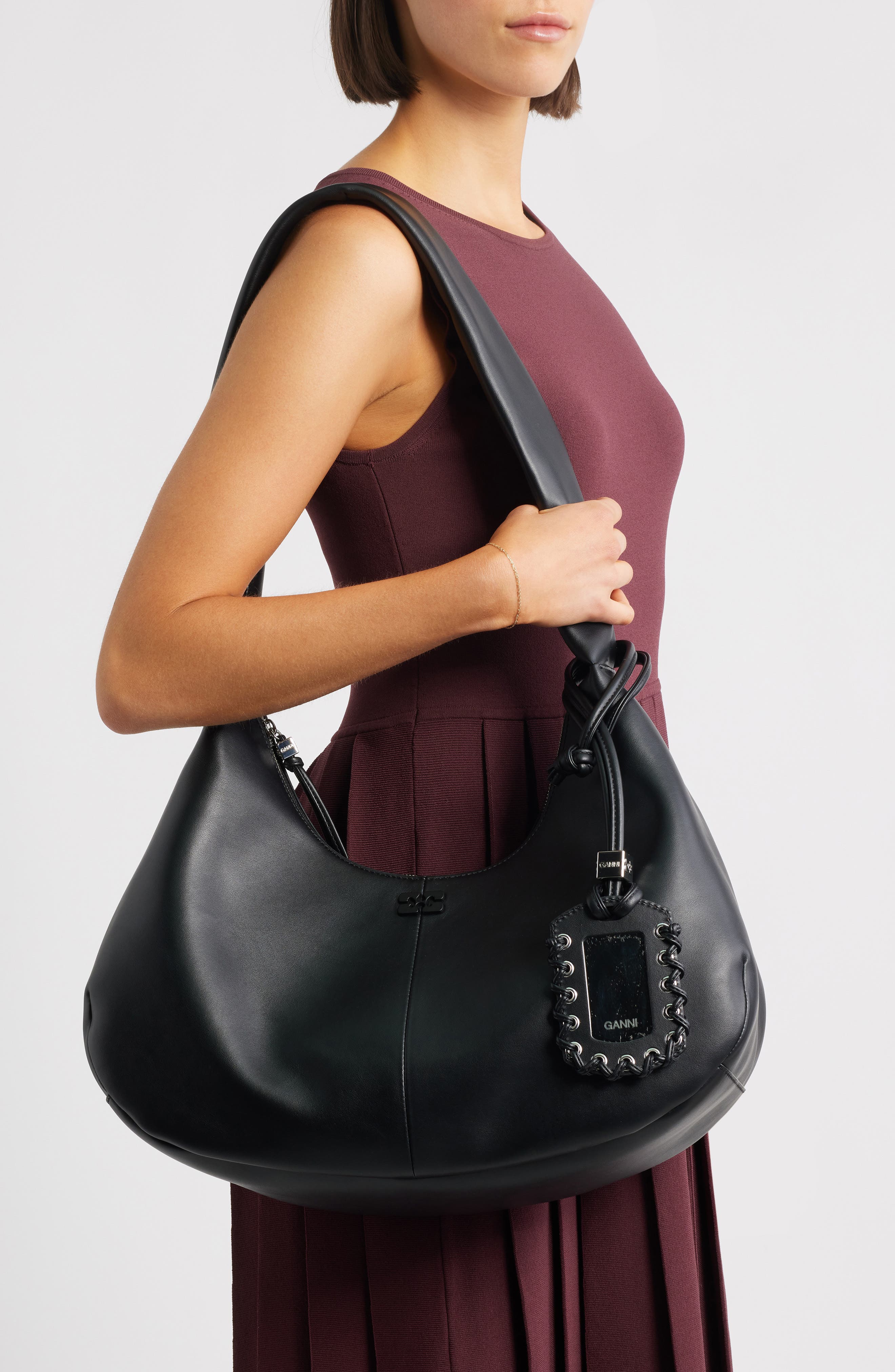 Ganni Medium Bou Leather Hobo Bag, Alternate, color, Black