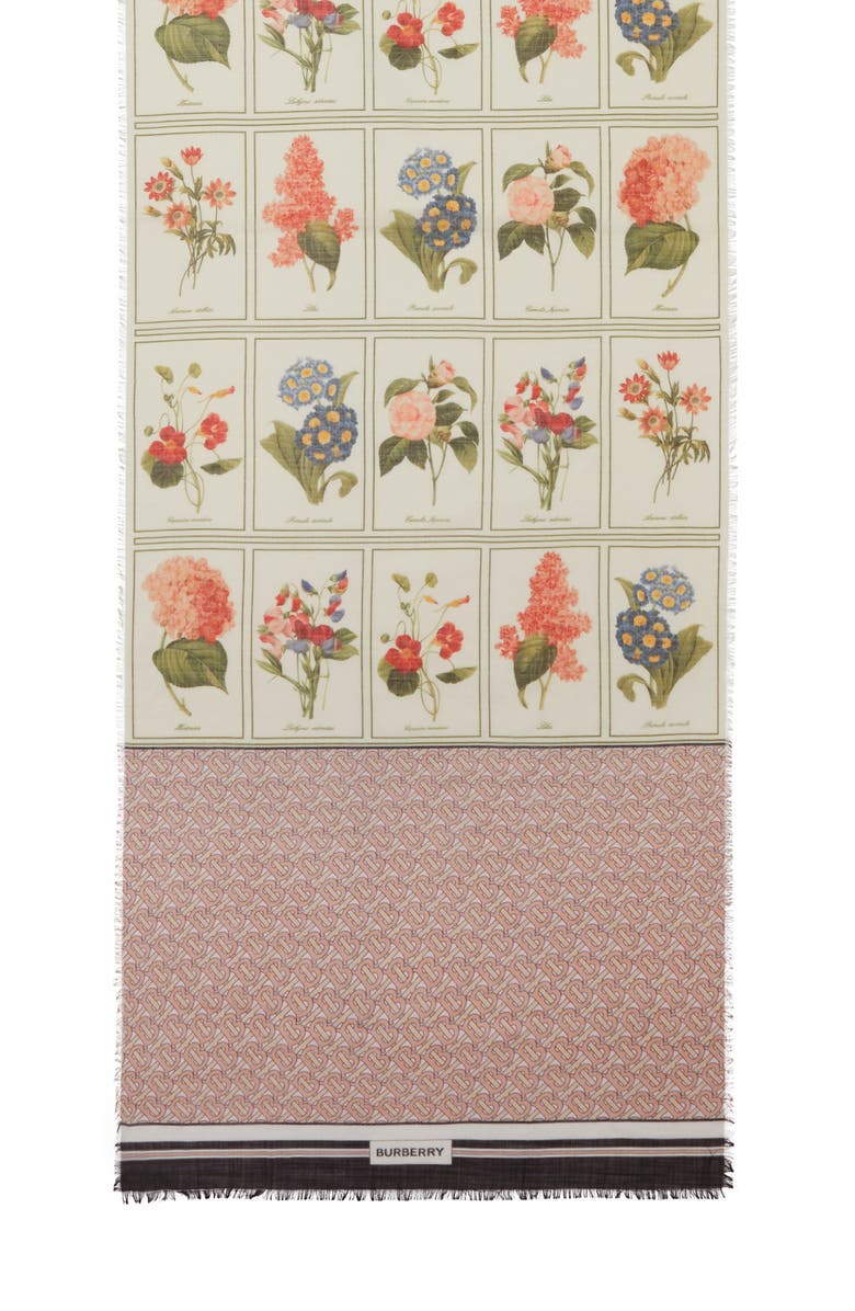 Burberry Monogram & Botanical Print Silk & Wool Scarf, Alternate, color, 
