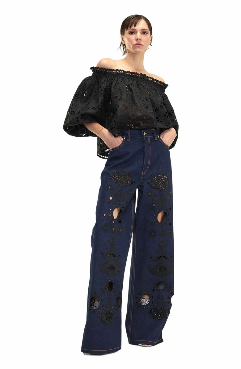 Cynthia Rowley Embroidered Wide-leg Jean, Main, color, Navy/Black