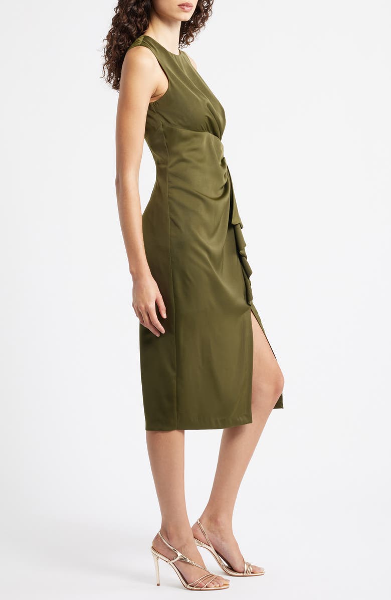 Vince Camuto Ruffle Detail Sleeveless Satin Sheath Midi Dress, Alternate, color, Olive