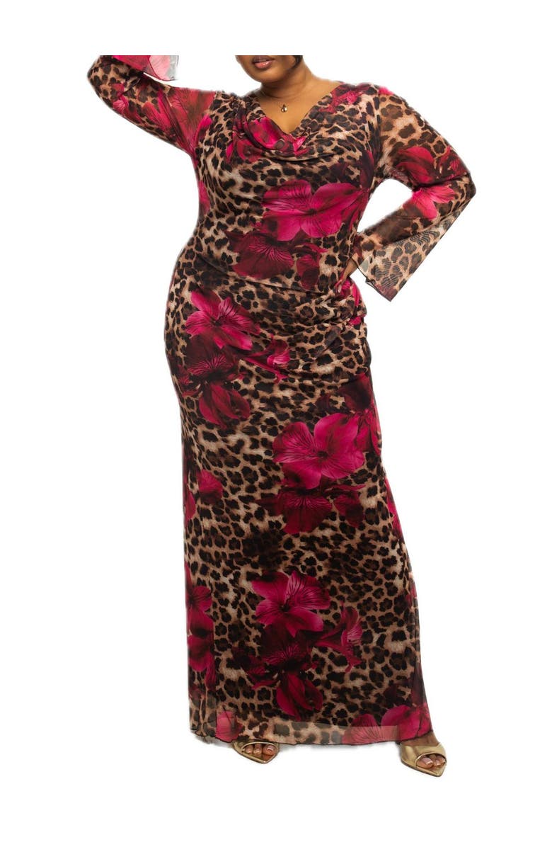 FASHION-SZN CURVE Plus Size Leopard Print Mesh Maxi Dress, Alternate, color, Brown
