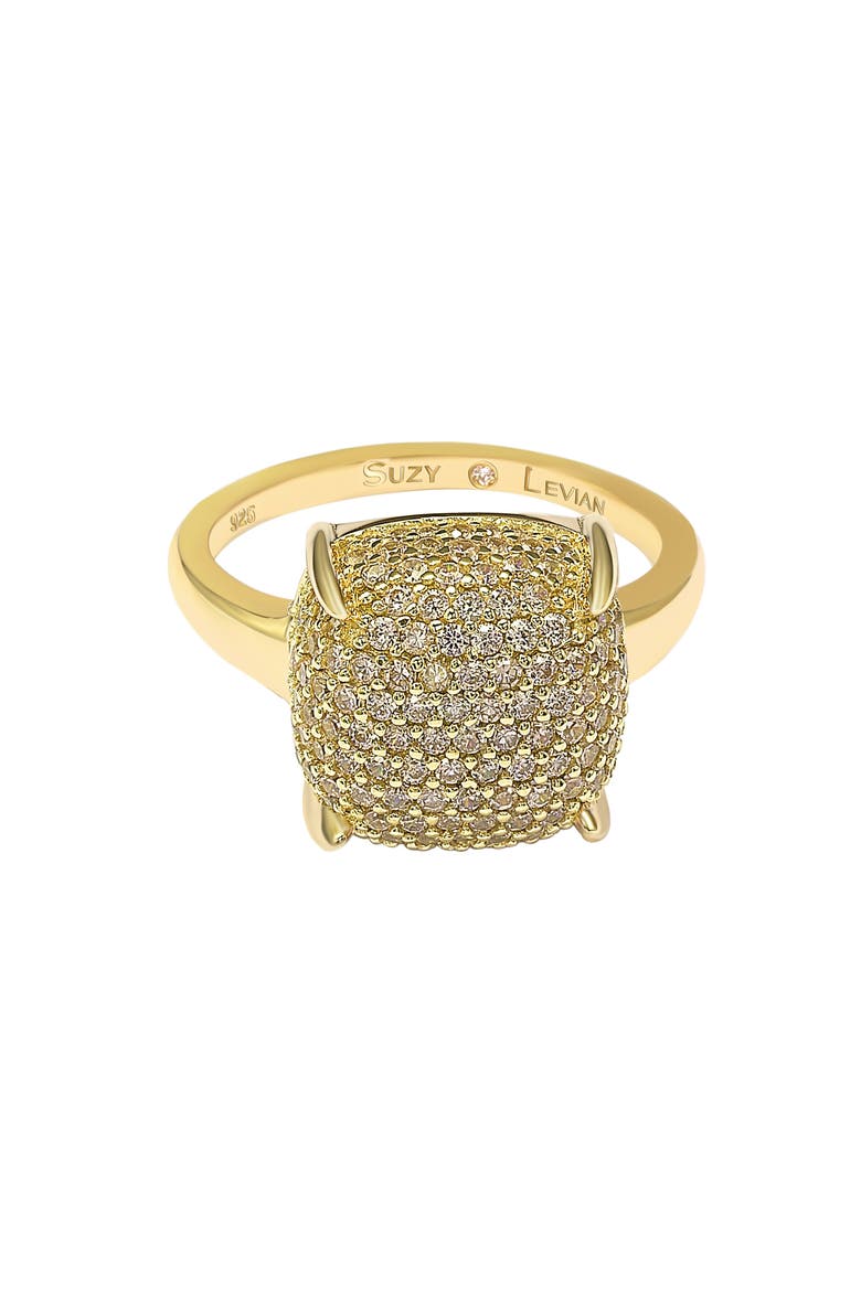 Yellow-Tone Sterling Silver Prong Set Cushion Shape Pave CZ Ring, Alternate, color, YELLOW