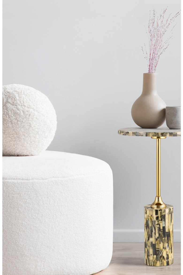 Hedda Art Deco Round Pedestal Drink Table, Iron Candlestick Accent Table with Mosaic Top Cylinder Base, Alternate, color, Yellow