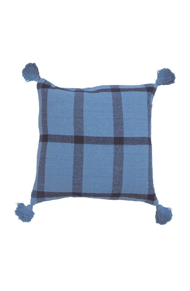 Storied Home Woven Recycled Cotton Blend Pillow with Grid Pattern and Tassels, Blue, Main, color, Blue