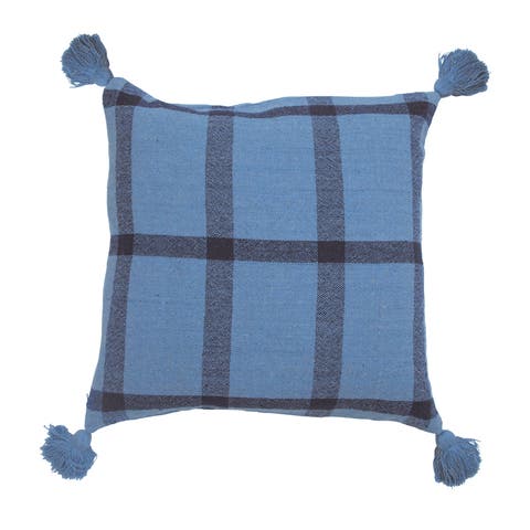 Woven Recycled Cotton Blend Pillow with Grid Pattern and Tassels, Blue