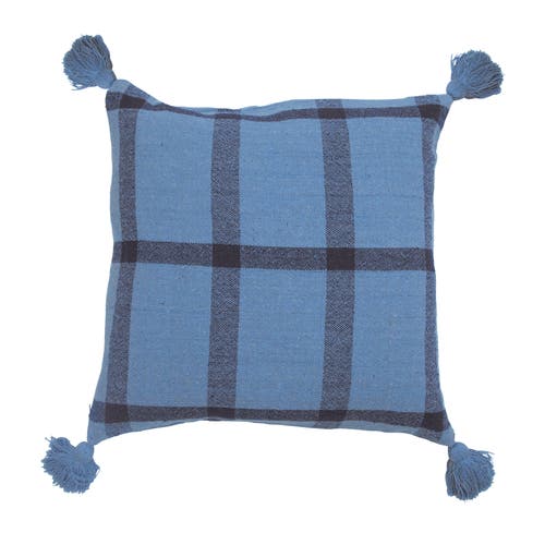 Storied Home Woven Recycled Cotton Blend Pillow With Grid Pattern And Tassels, Blue
