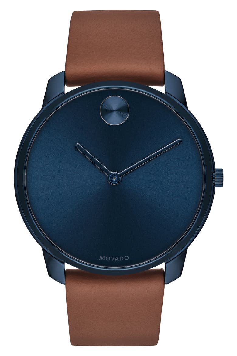 Bold Leather Strap Watch, 42mm, Main, color, BROWN/ BLUE
