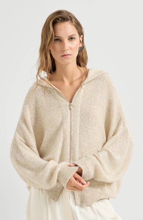 Dazzling Texture Mohair And Wool Hooded Cardigan With Zip