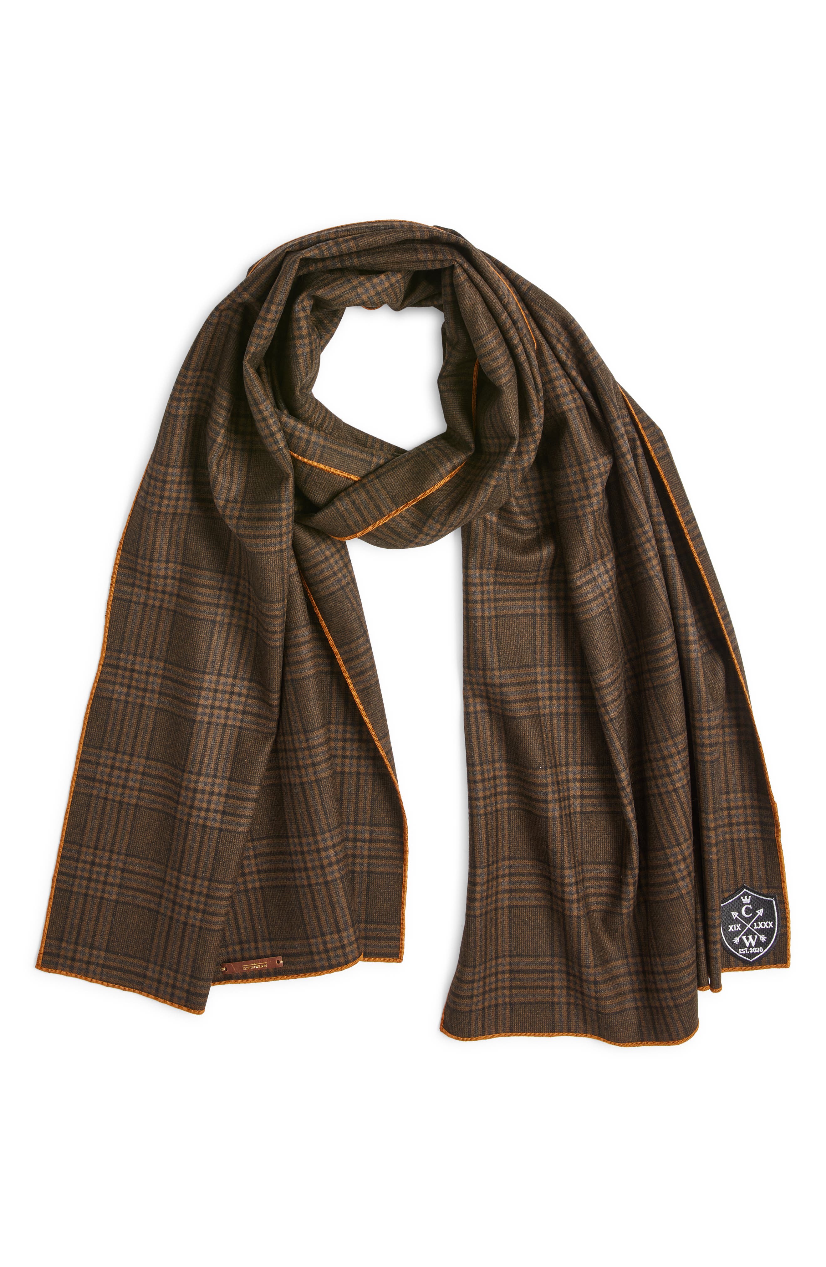 CLIFTON WILSON Glen Plaid Wool Scarf in Brown 