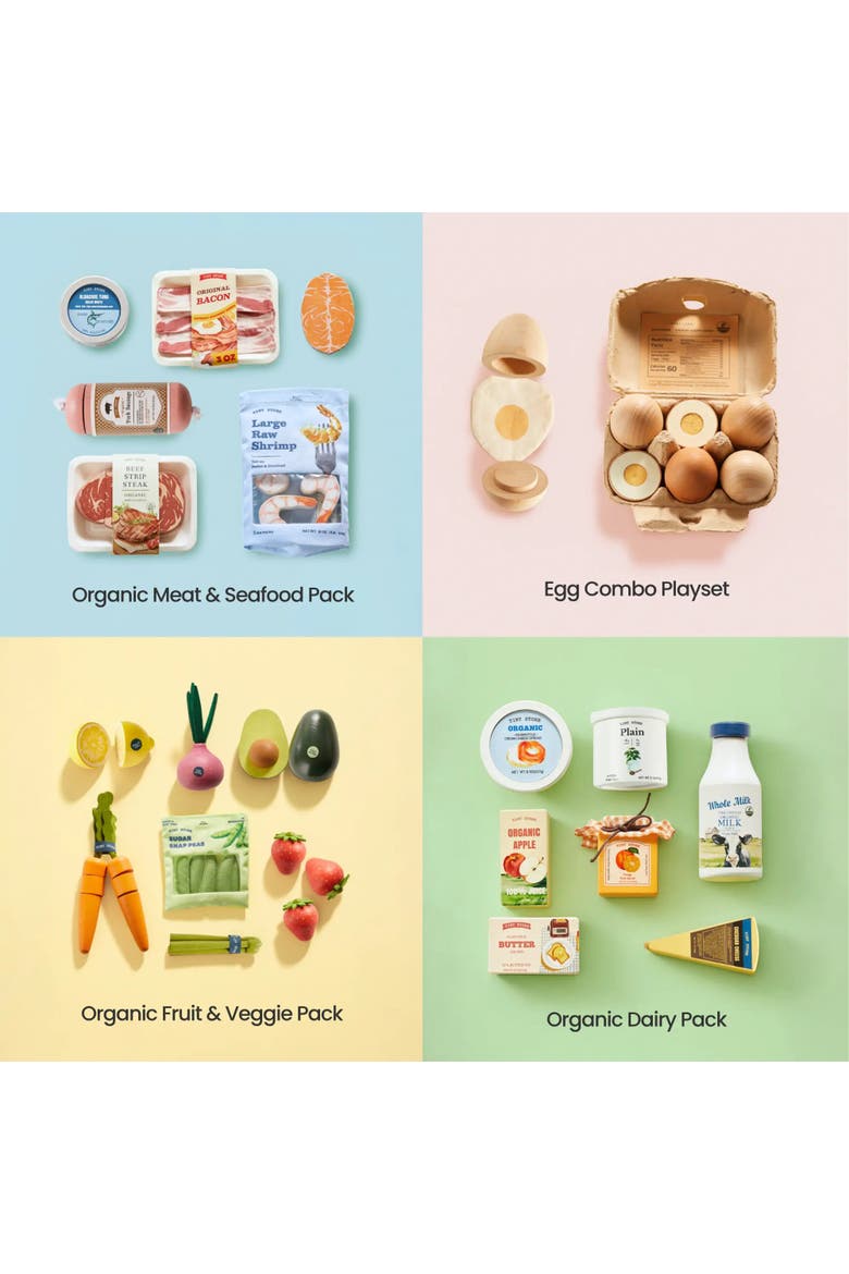 Organic Wooden Play Food Collection for Kids,4 Themed Sets, Alternate, color, Multicolor