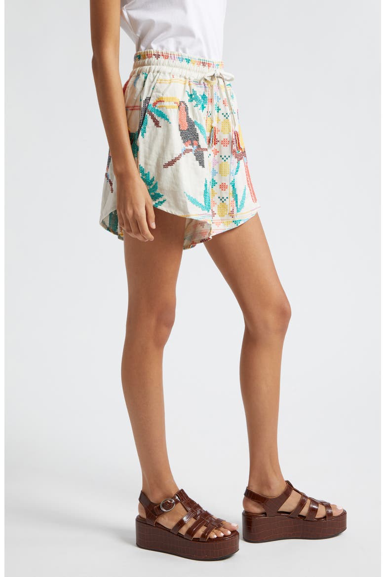Stitched Birds Pull-On Linen Blend Shorts, Alternate, color, STITCHED BIRDS SCARF OFF-WHITE