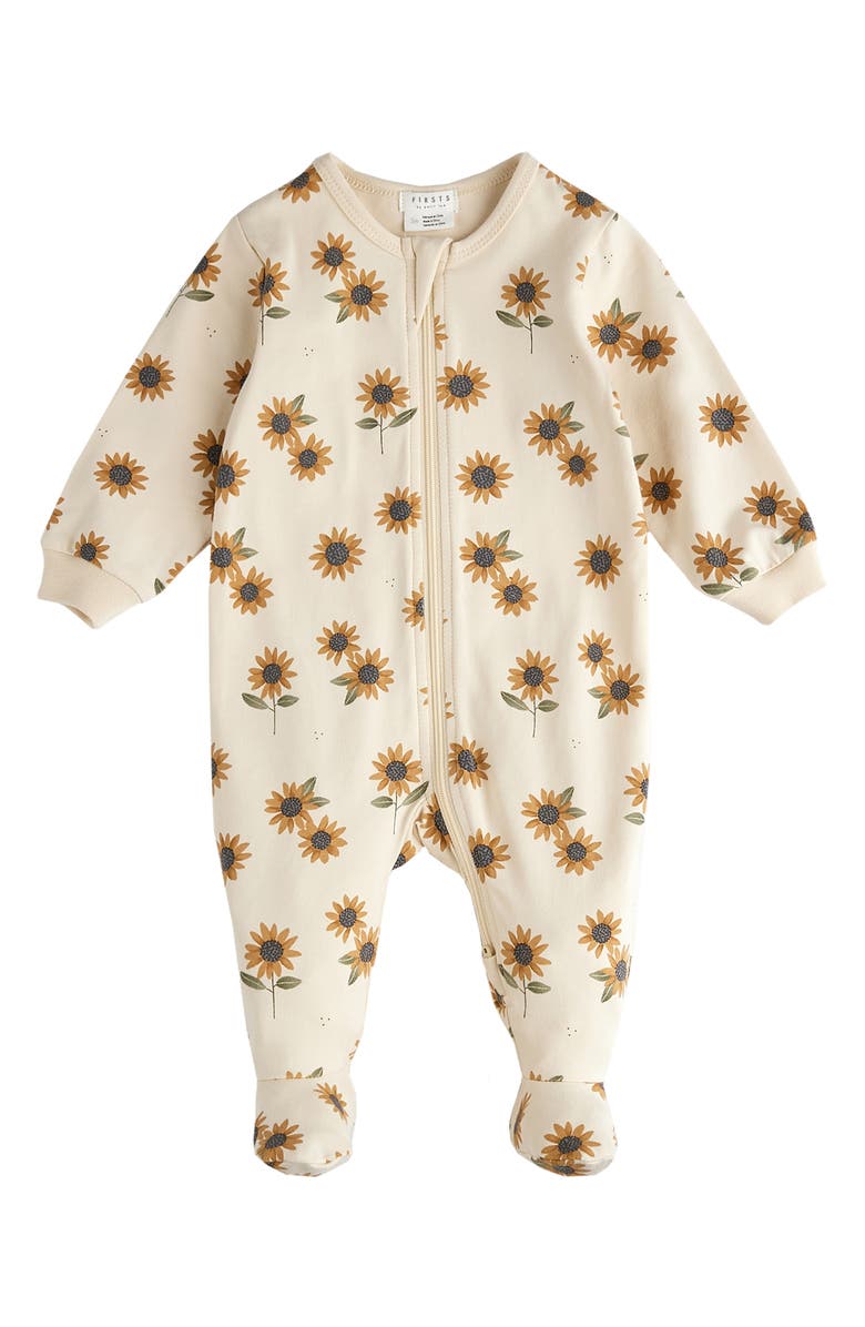 FIRSTS by Petit Lem Sunflower Print Cotton Footed One-Piece Pajamas, Main, color, 
