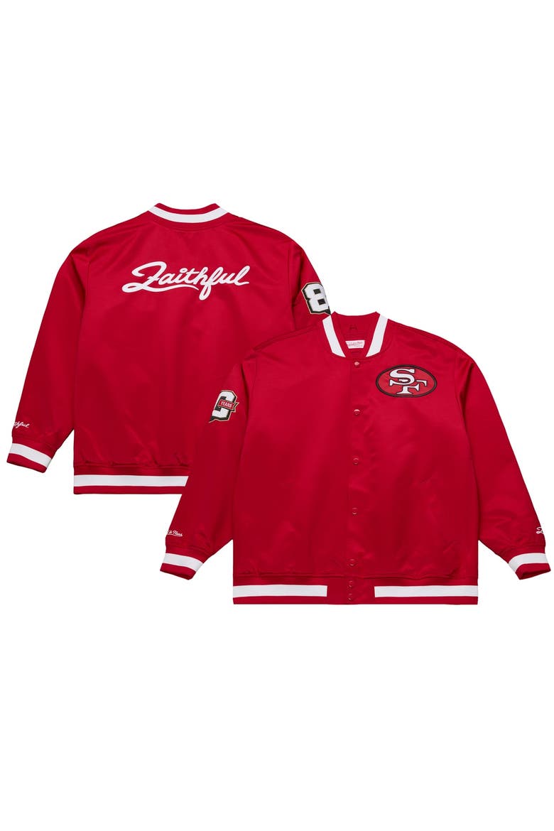 Men's Mitchell & Ness Scarlet San Francisco 49ers Big & Tall 80th Anniversary Heavyweight Satin Full-Snap Jacket, Main, color, Scarlet