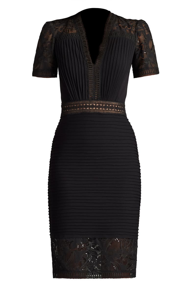 Pintuck Lace Inset Cocktail Dress, Alternate, color, BLACK