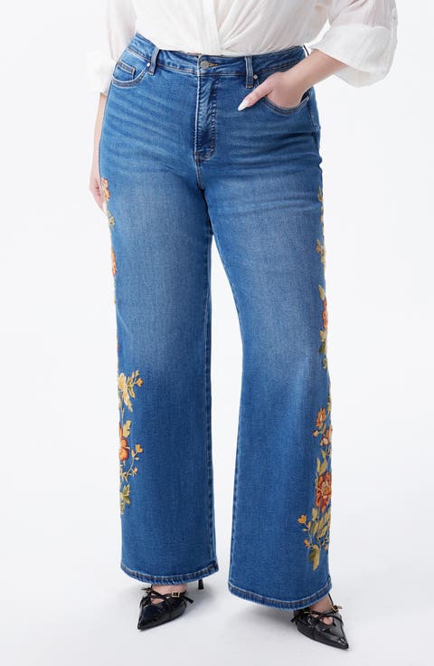 Embroidered High Waist Wide Leg Jeans