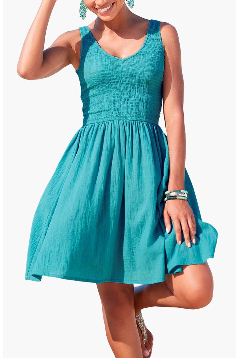 Smocked V-Neck Dress, Main, color, Teal