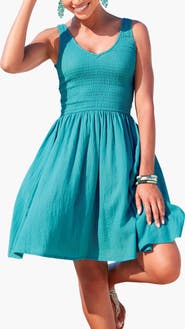 LASCANA Women's Smocked V-Neck Dress