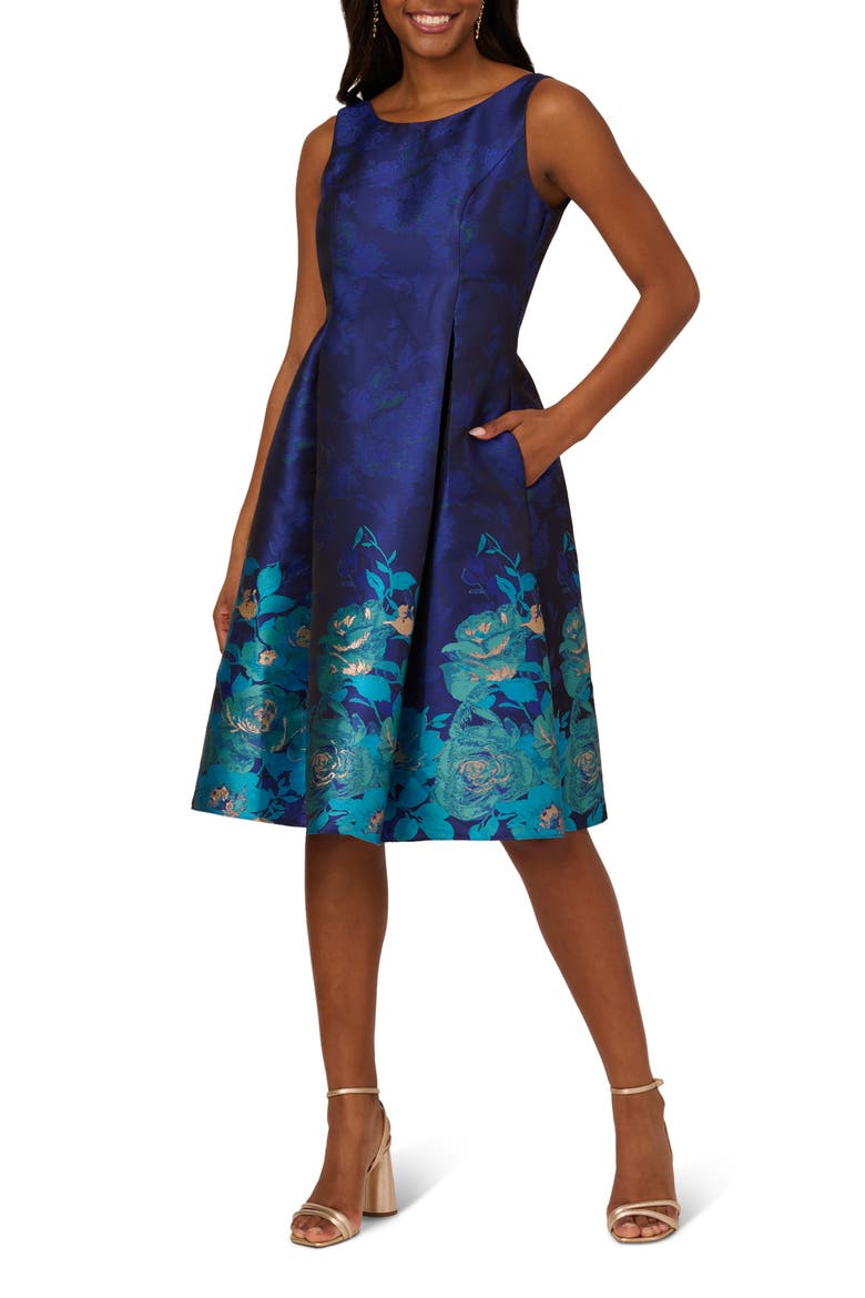 Border Jacquard Pleated Sleeveless Fit & Flare Dress, Main, color, BLUE TEAL MULTI