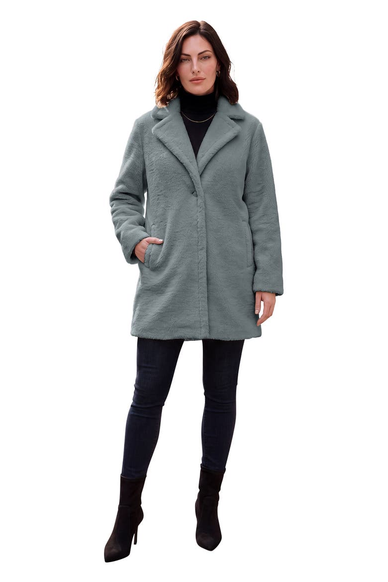 Plus Size Mid Length Teddy Faux Fur Coat, Main, color, GUNMETAL