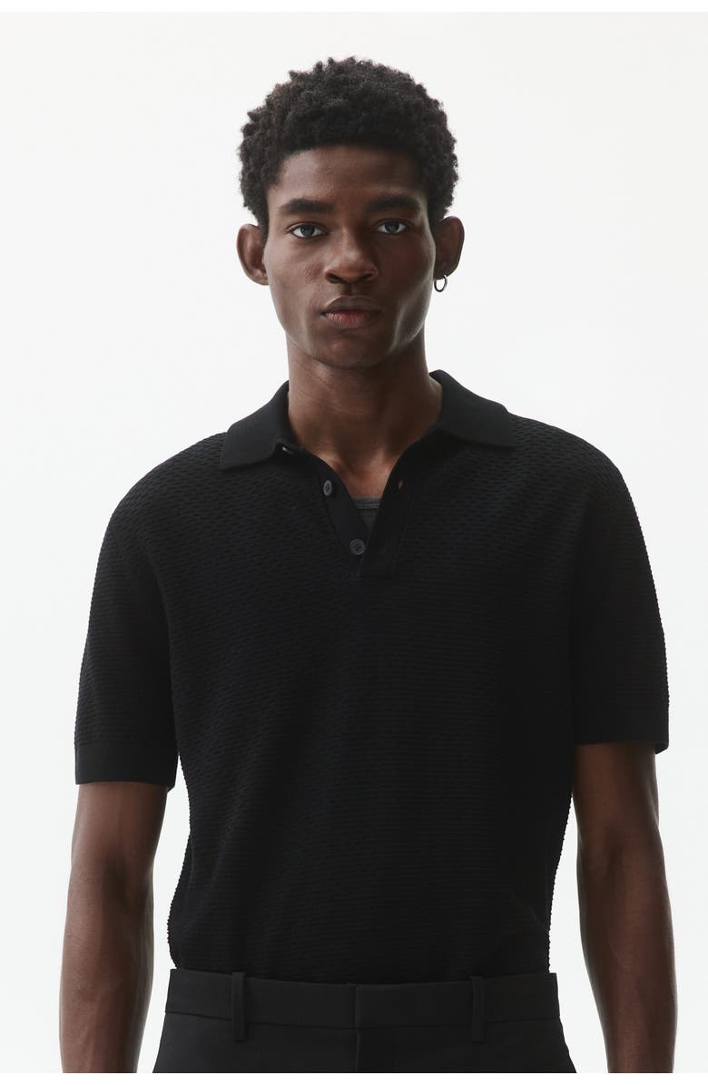 H&M Slim Fit Textured Polo Shirt, Alternate, color, Black