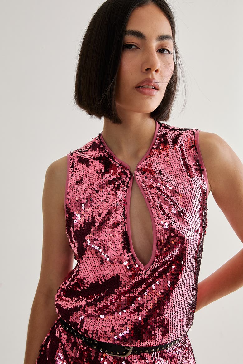 Sequin Plunge Keyhole Blouson Mini Dress, Alternate, color, Rose Pink