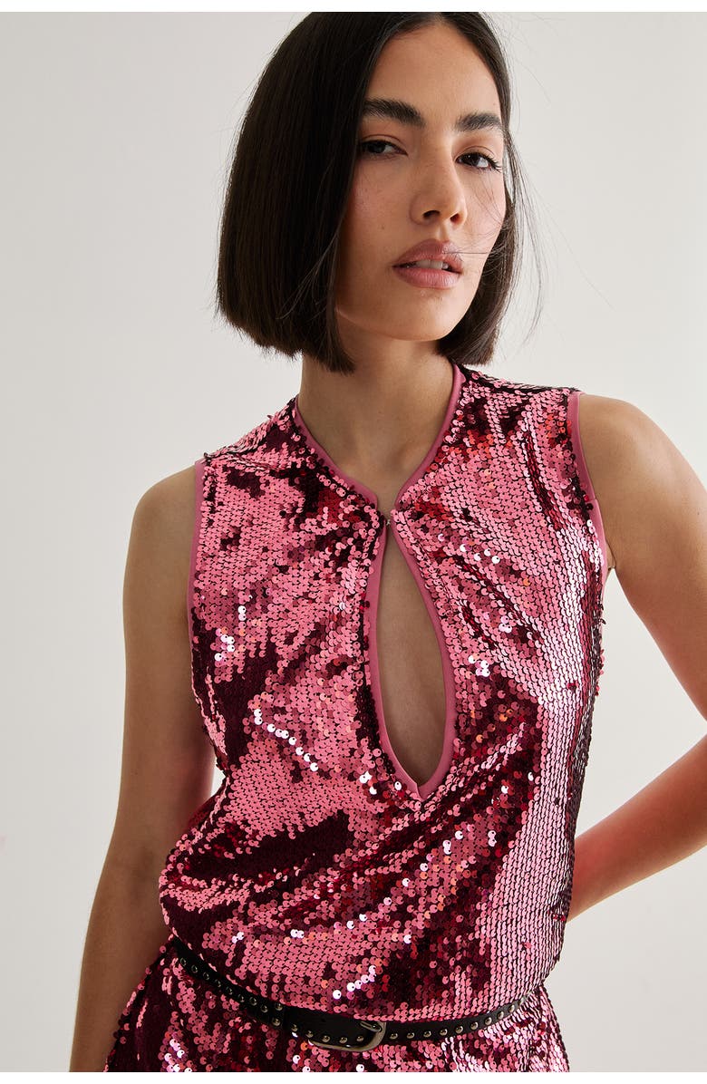 NASTY GAL Sequin Plunge Keyhole Blouson Mini Dress, Alternate, color, Rose Pink