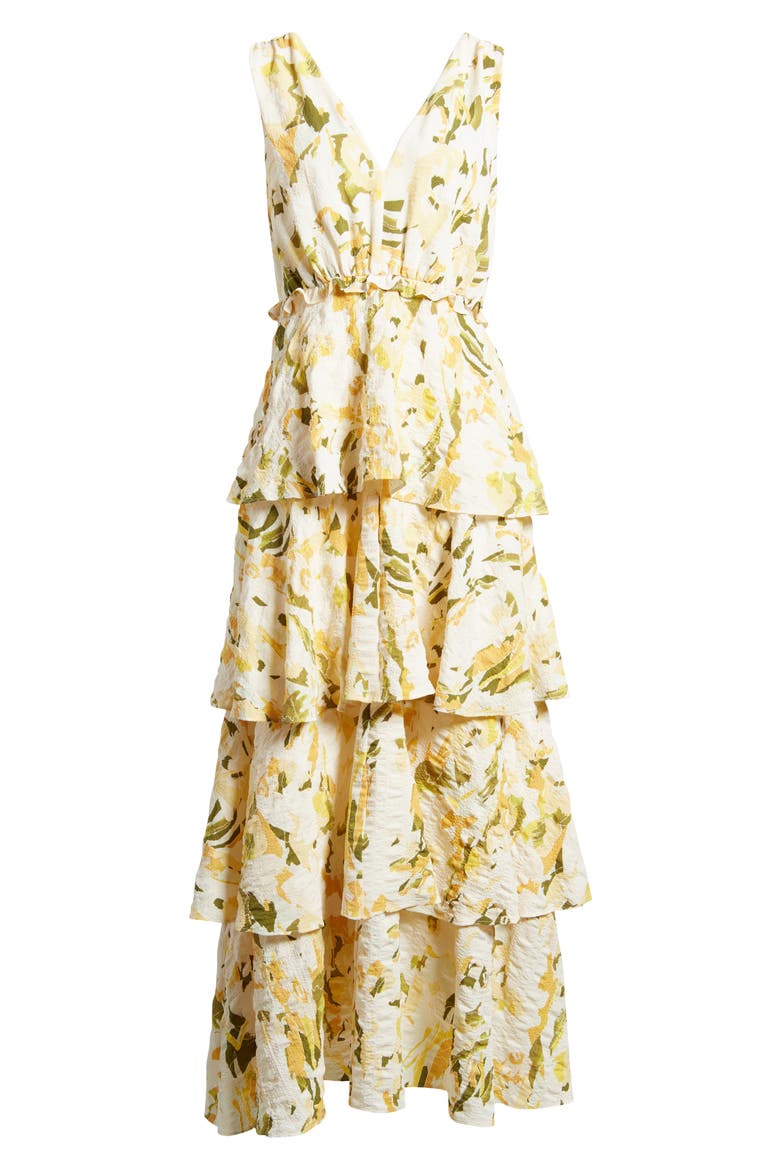 Floral Tiered Maxi Dress, Alternate, color, GREEN- YELLOW KEYS ABSTRACT