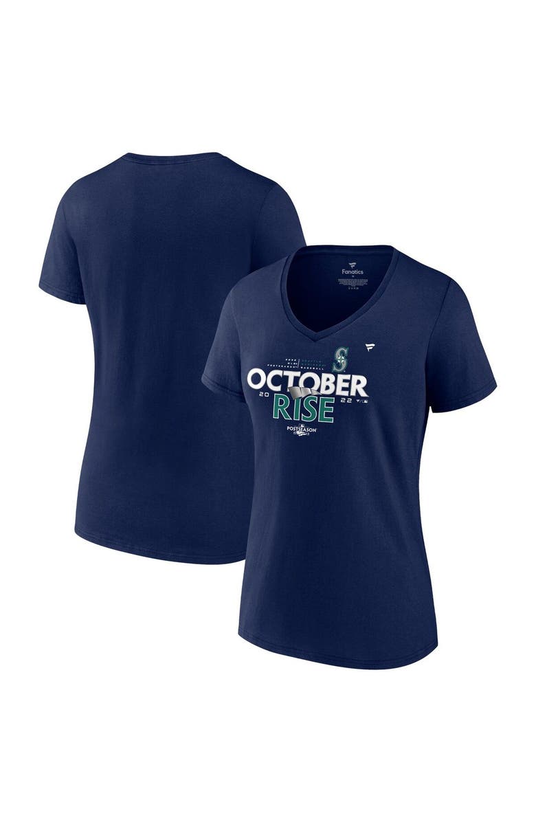 FANATICS Women's Fanatics Branded Navy Seattle Mariners 2022 Postseason Locker Room V-Neck T-Shirt, Main, color, 