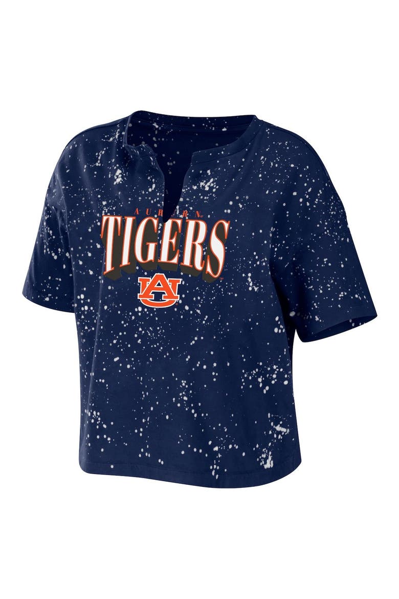 Women's WEAR by Erin Andrews Navy Auburn Tigers Bleach Wash Splatter Cropped Notch Neck T-Shirt, Alternate, color, Navy