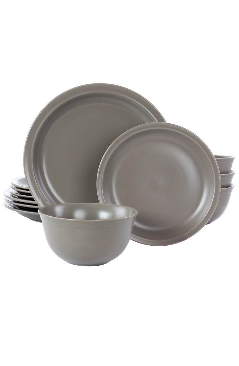 Gibson Home Siam 12 Piece Round Stoneware Dinnerware Set, Main, color, Grey